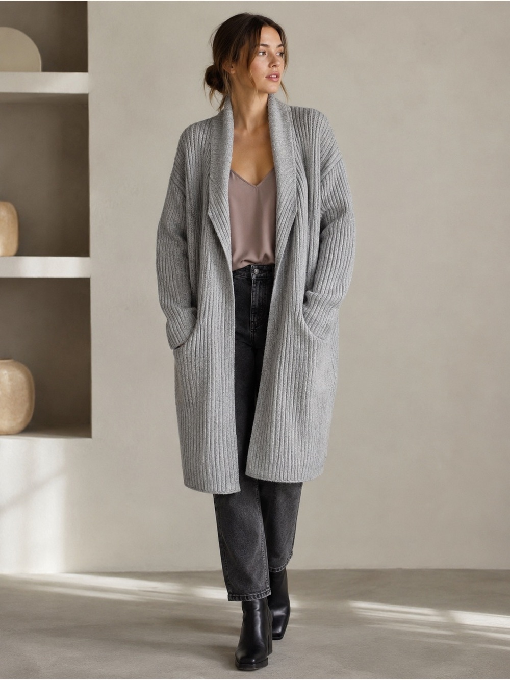 Cozy Oversized Ribbed Open-Front Cardigan Sweater - Gray